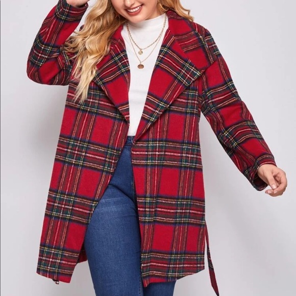 Jackets & Blazers - PLUS plaid tartan peacoat red holiday jacket